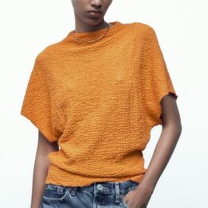 Zara Womens Orange Textured Mock Neck Short Sleeve Blouse Top Small